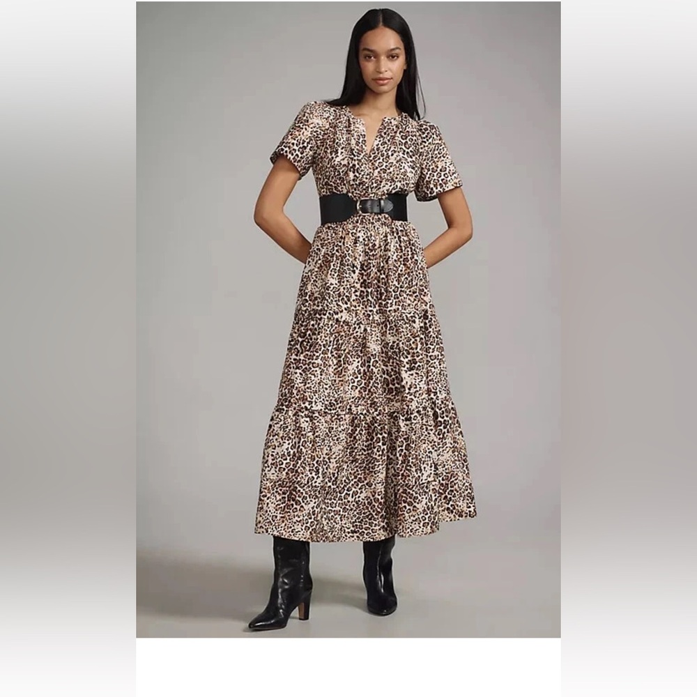 NWT Anthropologie Somerset Leopard-Print Tiered Maxi Dress Women’s Small Petite